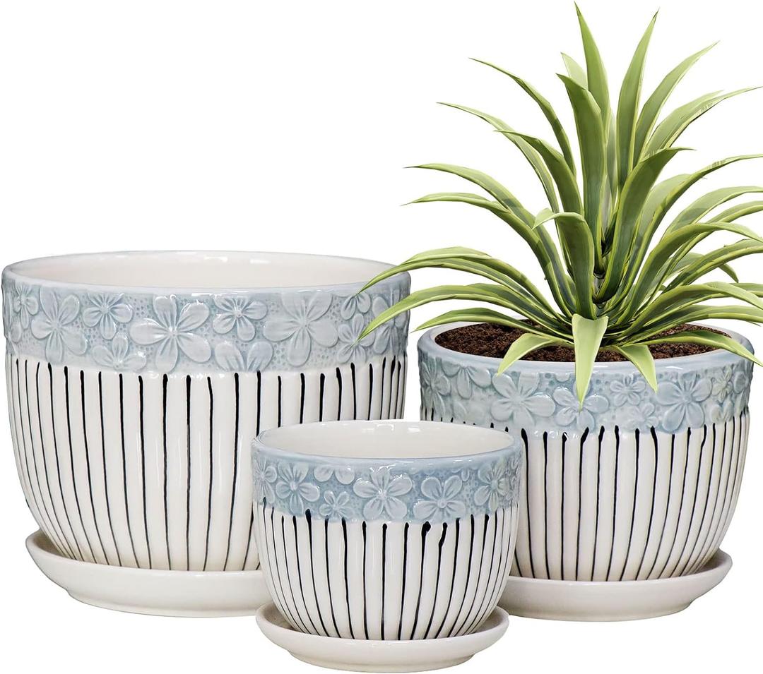 Ton Sin Grey Flower Pots,Texture Planter for Indoor Plants Set of 3 Ceramic Flower Pots with Saucer,Cute Garden Pots Succulent Pots3 Pack,Grey (6.7"+5.5"+4.1", Gray)