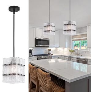 Modern Black Crystal Pendant Light,Elegant Luxury Square Water Ripple Glass Chandelier Pendant Lighting Fixture for Dining Room Kitchen Island Hallway Entryway Bathroom UL Listed