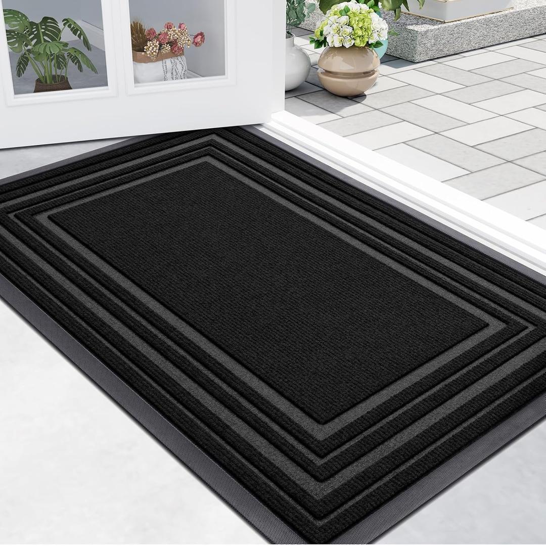 Buganda Front Door Mat Indoor Outdoor Entrance, Non-Slip Natural Rubber Doormats, Easy Clean, Low Profile, Dirt Trapper Entryway Floor Mats for Outside, Garages and Patios, 59x23, Black