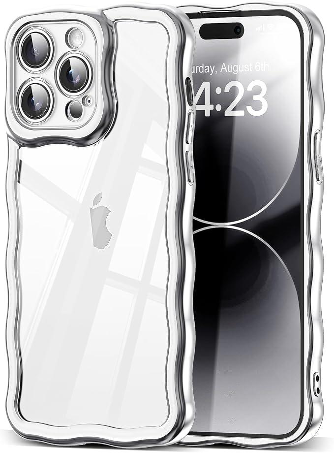 3 x SKYLMW Compatible with iPhone 14 Plus Case, Kawaii Cute Curly Wave Frame Luxury Plating Edge, Stylish Glossy Clear Back, Soft TPU Shockproof Protective Cases for iPhone 14 Plus, Sliver