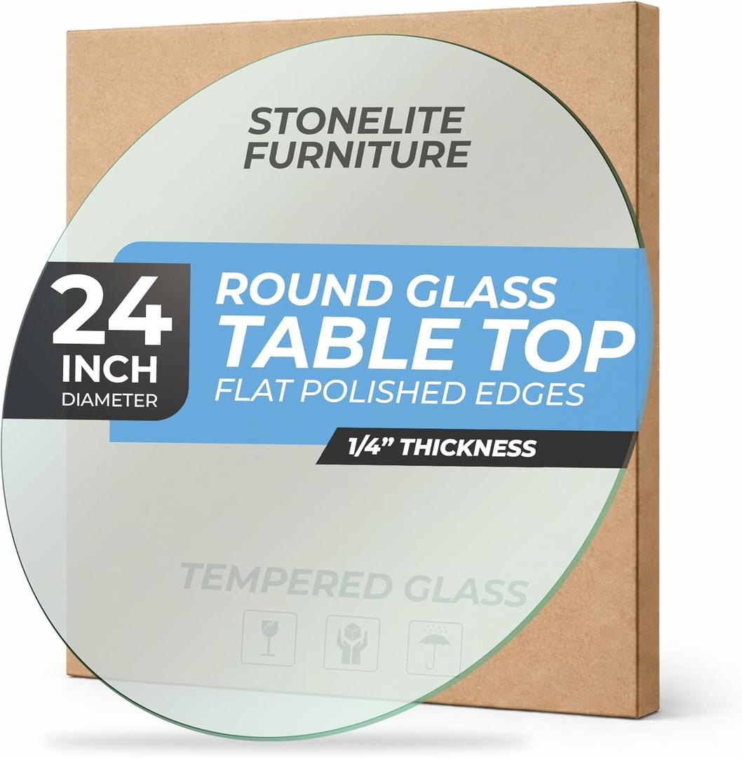 24" inch Round Tempered Glass Table Top - 1/4 inch Thickness & Flat Polished Edge - Clear Surface & Scratch Resistant - Ideal for Dining Room, Kitchen, Side, Office, Patio & Round Coffee Tables