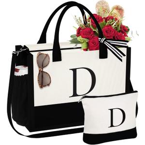 YOOLIFE Mothers Day Gifts - Initial Canvas Tote Bag & Makeup Bag, Birthday Gifts for Women Mom Sister Friends