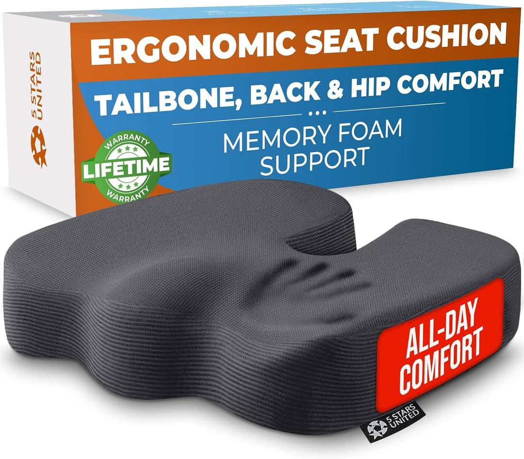 5 STARS UNITED Seat Cushion - Memory Foam Chair Cushion for Tailbone Pain Relief - Ergonomic Support for Coccyx, Sciatica & Butt - Office, Desk & Gaming Chair, Car Seat, Wheelchair, Airplane, D Gray, Large