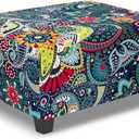 Ottoman Cover Rectangle Printed,Stretch Footstool Slipcover with Elastic Bottom,Soft Fabric Protector for Rectangular Ottoman in Living Room or Bedroom,Medium,Navy & Green