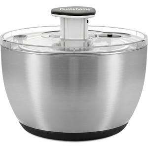 Ourokhome 6.3 QT Stainless Steel Salad Spinner, Large Lettuce Spinner with One-Hand Press Pump, Brake Button, Non-Slip Base and Retractable Handle, Vegetable Washer & Dryer for Greens, Fruits and Herb