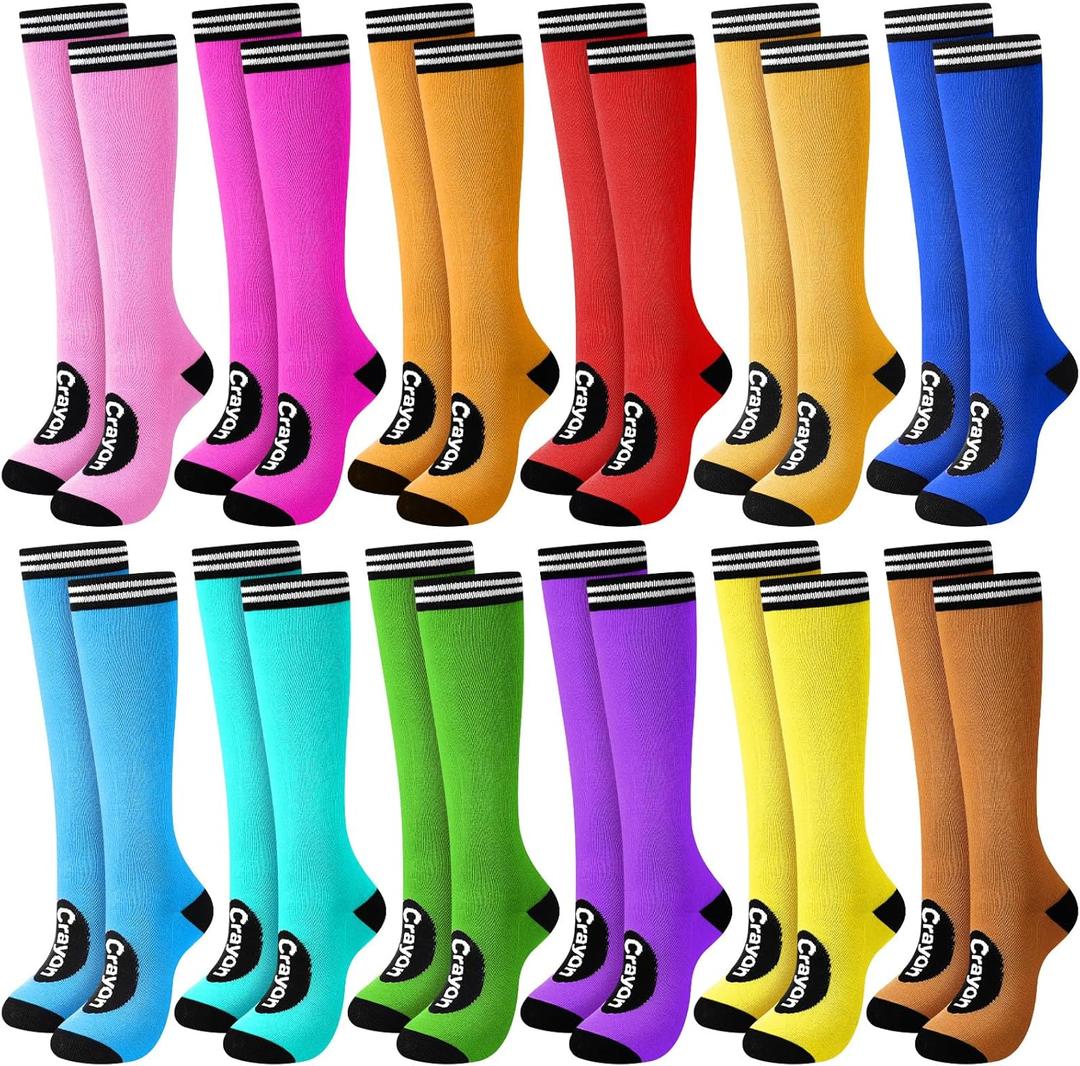 Suhine 12 Pcs Halloween Crayon Socks Bulk Funny Rainbow Thigh High Socks Crayon Group Family Costumes Colorful Striped High Neon Stockings for Adults Women Men