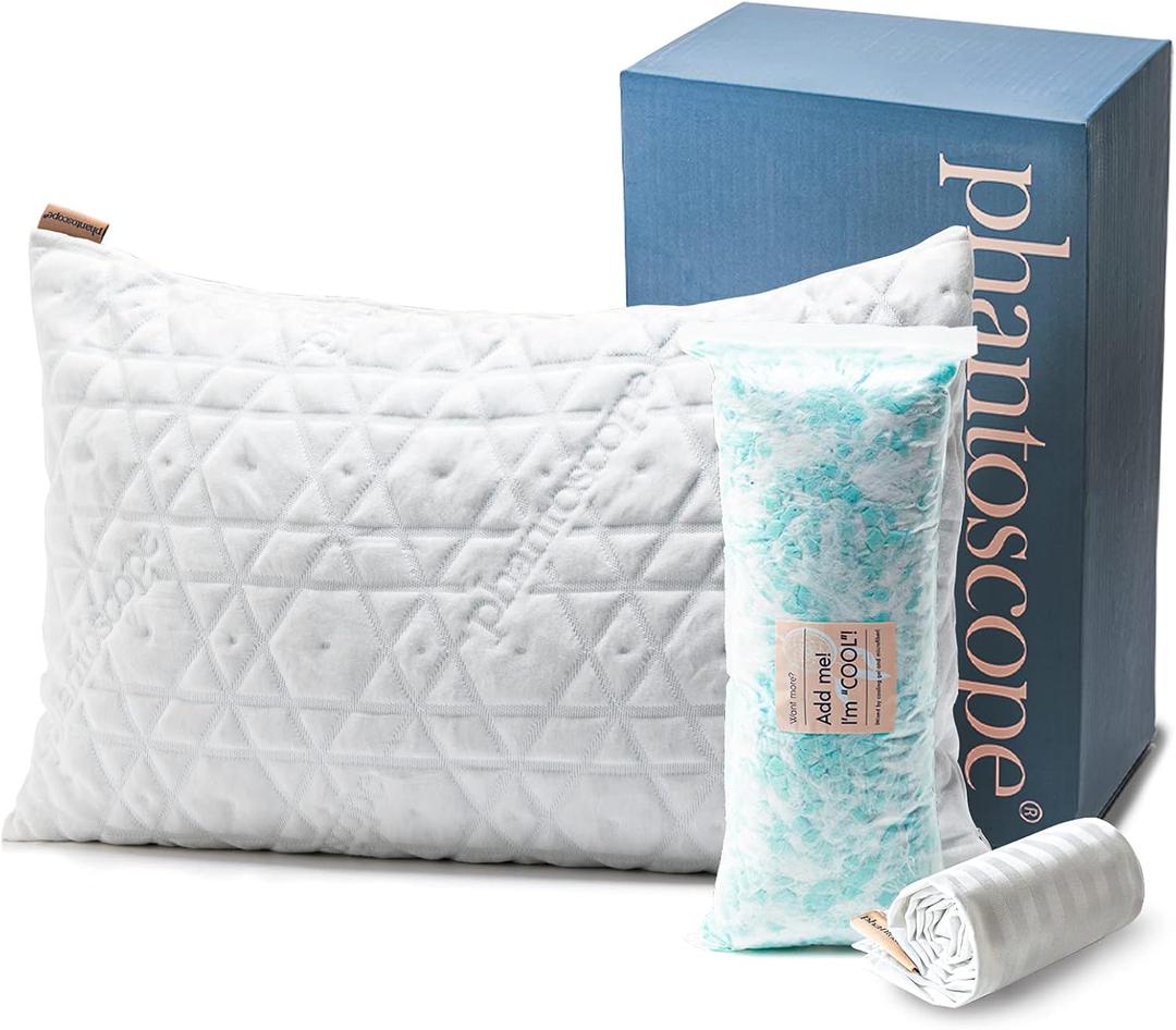 Phantoscope Memory Foam Pillow for Sleeping, Shredded Memory Foam Pillow Cooling Gel for Hot Sleepers, Adjustable Firm Bed Pillows with Bamboo Cover & Cotton Cover, Queen Size, 1 Pack