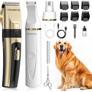 HEAPETS Dog Hair Clippers for Grooming Kit and Dog Paw Trimmer Nail Grinder for Grooming, Low Noise Rechargeable Cordless, Shaver Grooming Supplies for Pet Cats Dogs (Gold, White)