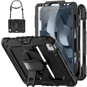 HXCASEAC Case for iPad Air 5th/4th Gen 10.9 inch, Shockproof Design with Pencil Holder, Screen Protector, Hand Strap, Protective Air 5/4 Case (A2316 A2324 A2588 A2589 A2591 A2072 A2325) - Black (Black+Black)