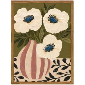 Framed Vintage Floral Wall Art, Abstract Flower Pictures Wall Decor, Neutral Moody Botanical Paintings Canvas Prints Mid Century Modern Home Decor Aesthetic for Living Room Bedroom Bathroom 16x24 inch