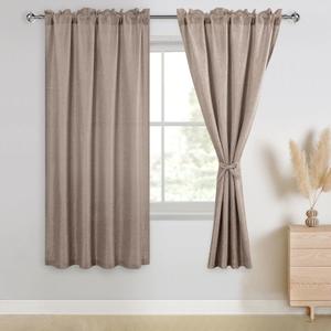 JIUZHEN Faux Linen Curtains for Bedroom, Rod Pocket Thick Semi Sheer Panels 63 Inch Length 2 Panels Privacy Protected Light Filtering Drapes for Living Room, 42 x 63 Inch, Khaki