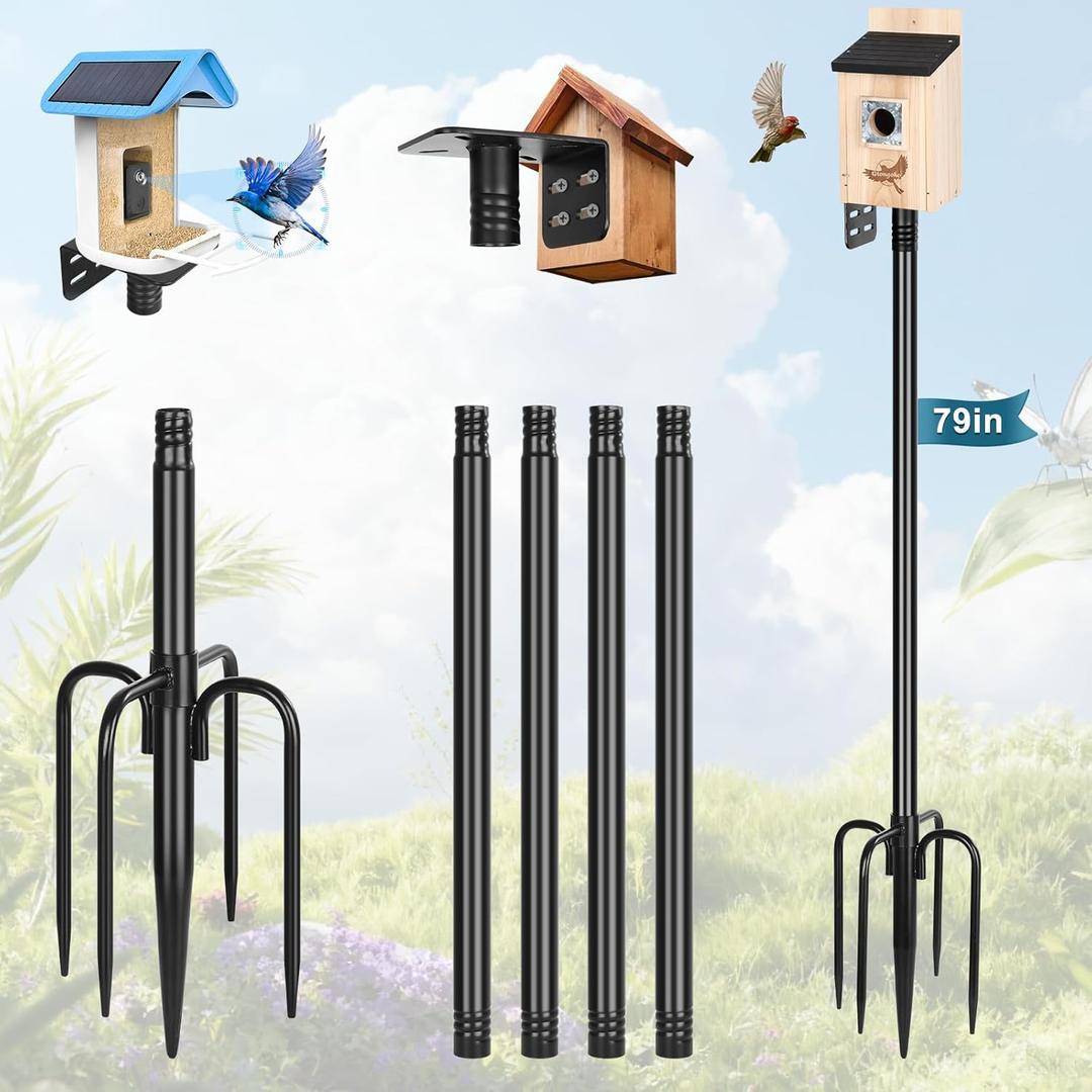 Gtongoko Smart Bird Feeder Pole 79 Inch Bluebird House Pole for Outdoors Weather Station Heavy Duty Metal Mounting Kit Adjustable Bird Feeder Stand Black
