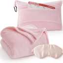 Bedsure Travel Blanket Airplane Compact with Storage Bag, Packable Blanket with Eye Mask, Lightweight 2-in-1 Travel Essentials, Functioned as Pillow for Airplane Comfort and Warmth, Pink (Throw)