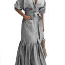 Utcoco Women's 2026 Summer Casual Striped Button Down Maxi Dress Tie Waist Short Sleeve Shirt Dress with Pockets (XX-Large, Gray)