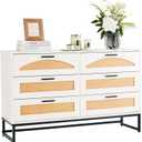 6 Drawer Double Dresser for Bedroom, Rattan Chest of Dressers, Modern Wooden Dresser Chest with Golden Handles for Bedroom,Living Room, Hallway and Entryway (Supporting Frame)