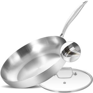 LOLYKITCH 12 Inch Tri-Ply Stainless Steel Frying Pan with Lid,Skillet,Induction Cooking Pan,Oven Safe and Detachable Handle