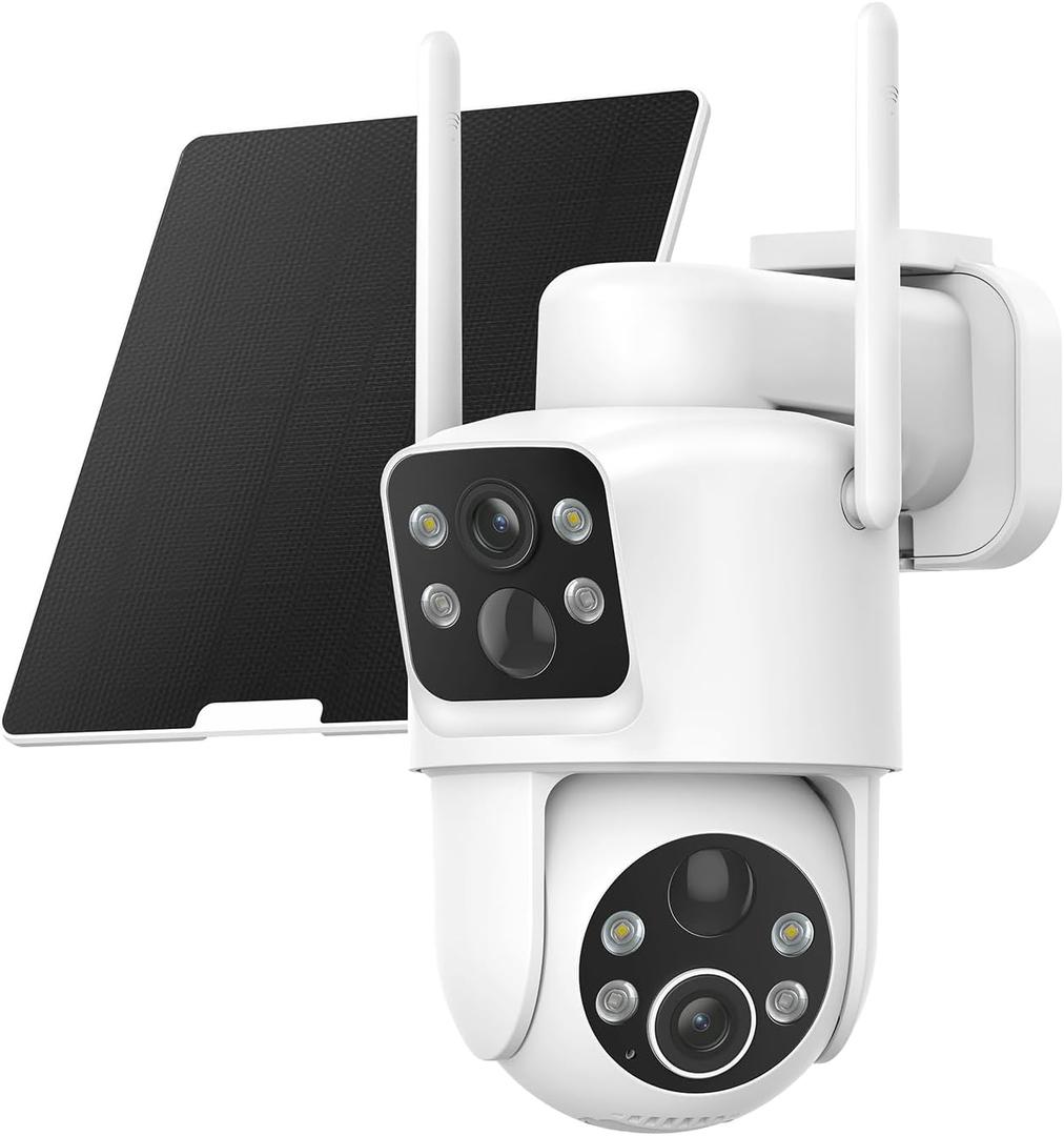 TKENPRO Dual Lens Solar Security Cameras Wireless Outdoor, 2K Full HD Video, 360 View Pan/Tilt Home Security Camera with Color Night Vision, Easy to Install, PIR Alarm, 2.4GHz WiFi