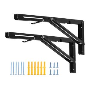 YUMORE 16 Inch Folding Shelf Brackets, Heavy Duty Collapsible Shelf Bracket, Black DIY L Bracket for Workbench Folding Table Hinge, Max Load: 330lb, Pack of 2