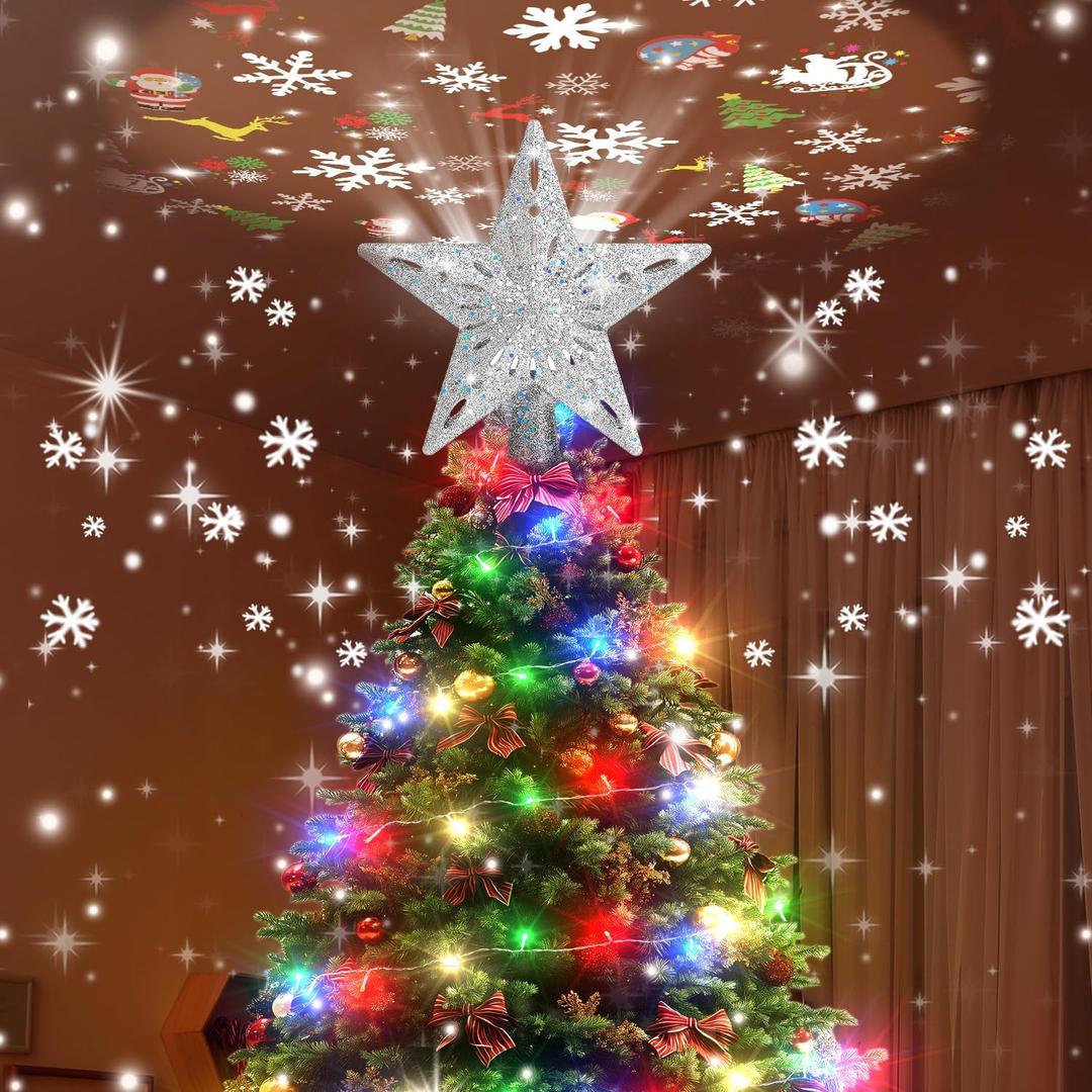 Christmas Tree Topper Lighted with 10M Colorful String Lights, Keten Silver Star Tree Toppers Decoration with 3D Rotating Pattern Projector, Tree Top for Indoor Outdoor Xmas Party Holiday (Silver)