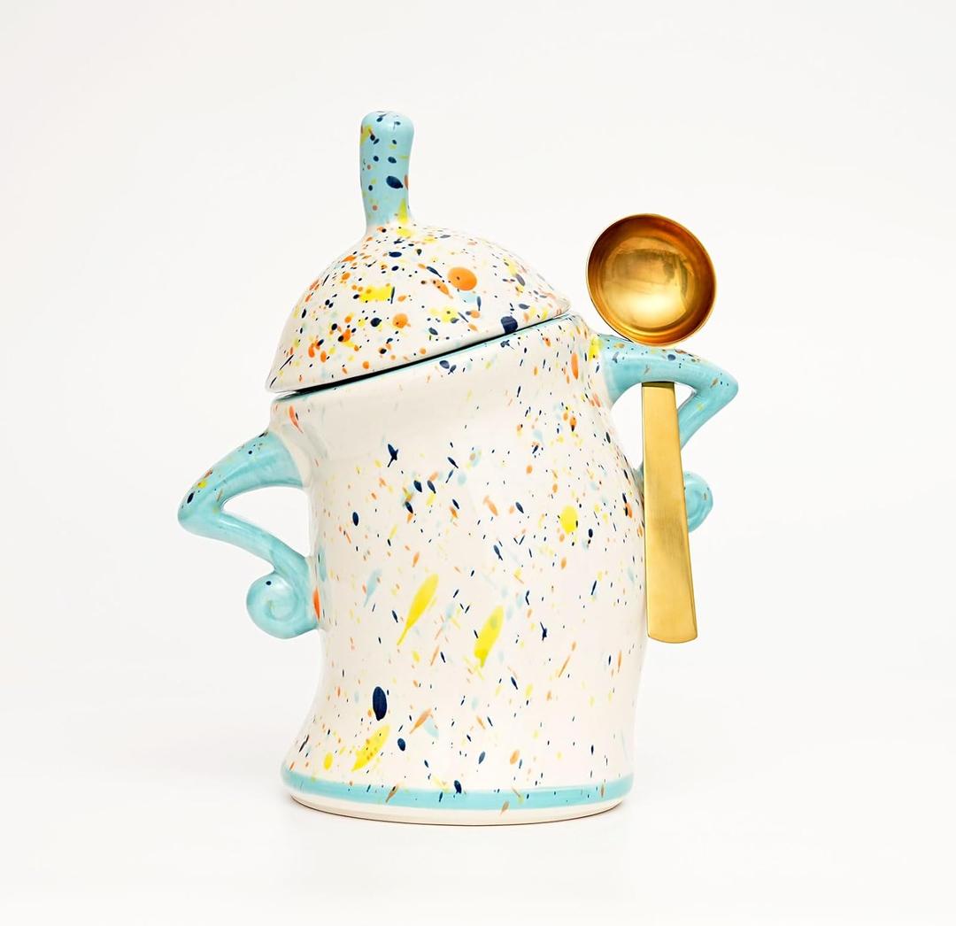 Canister With Attitude,Large Capacity Cute Sassy Tea Pot Storage with Airtight Lid Fun Food Jar Stylish Teapot Large Ceramics Lid, Creative for Coffee, Tea, Sugar, and Spices,With Spoon (Cyan)