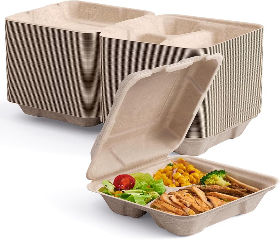 ECOLipak 50 Pack Clamshell To Go Containers, 100% Compostable Disposable Take Out Food Containers, 8X8 3-Compartment Heavy-Duty To Go Boxes,Eco-Friendly Biodegradable To Go Containers For Food
