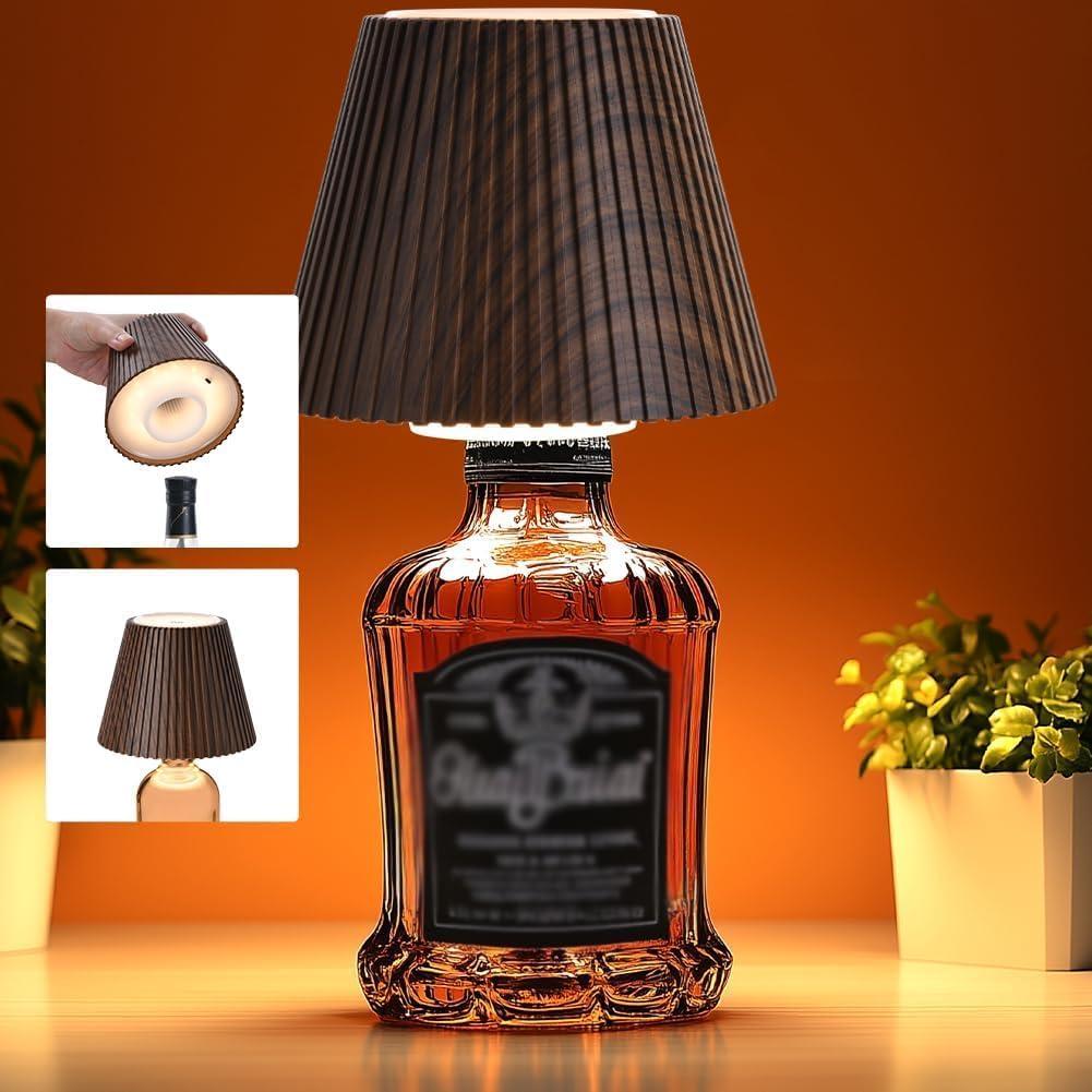 WILIT Wireless Bottle Lamp Shades, 3-Level Brightness Wine Bottle Lights for Liquor Bottles, Cordless Battery Operated Lamp for Living Room, Home Bar Decor, Gifts for Mom Women Men (1pc-Walnut Wood Grain)
