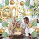60th Birthday Decorations for Men Women, Sage Green White Gold Balloons With Happy 60th Banner, Cake Topper, Number 60 Foil Balloon for 60 Year Old Party Decoration