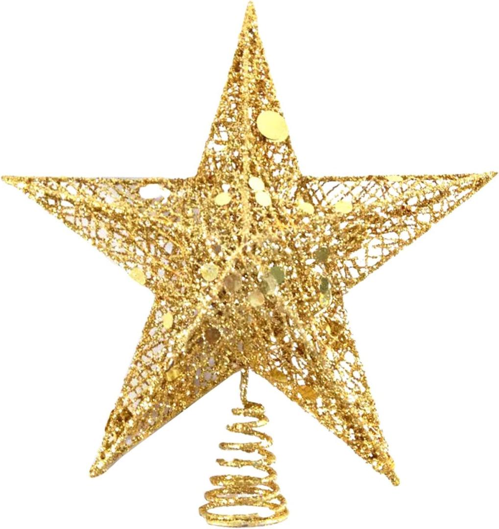 9Inch Christmas Tree Star Topper, Glittered Gold 3D Star Tree Topper, Metal Hollow Designed for Indoor Office Christmas New Year Holiday Trees Decoration
