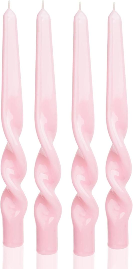 MAITREYA Pink Spiral Taper Candles Conical Stick Candles Handmade Twisted Candle-Set of 4 for Decoration Weddings Party Church-Unscented Dripless Candle, 10inch(Baby Pink)