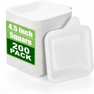 Elsjoy 200 Pack 4.5 Inch Disposable Paper Plates, Small Cake Plates Square Dessert Appetizer Plates for Wedding, Birthday, Made of Sugarcane Bagasse Fiber