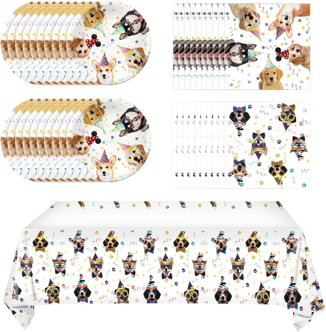 41 Pieces Dog Birthday Party Supplies, Puppy Party Tableware for Kids Party Decorations Includes 20 Plates 20Napkins and 1 Tablecloth for Puppy Theme Party Supplies