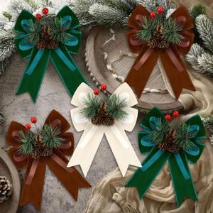 Syhood 6 Pcs Christmas Velvet Bow with Pine Cones Pine Needles Berries Xmas Multicolor Ribbon Bow Ornaments 6.3 x 5.1 Inch for Christmas Tree Wreath Garden Fireplace Crafts DIY Decor
