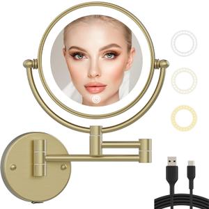 10X Magnifying Make up Mirror Wall Mounted with Light, Brass Bathroom Wall Makeup Mirror with Extension Arm, 3 Color Lighting & Ultra-Brightness, Touch Dimmable Rechargeable Satin Brushed Gold