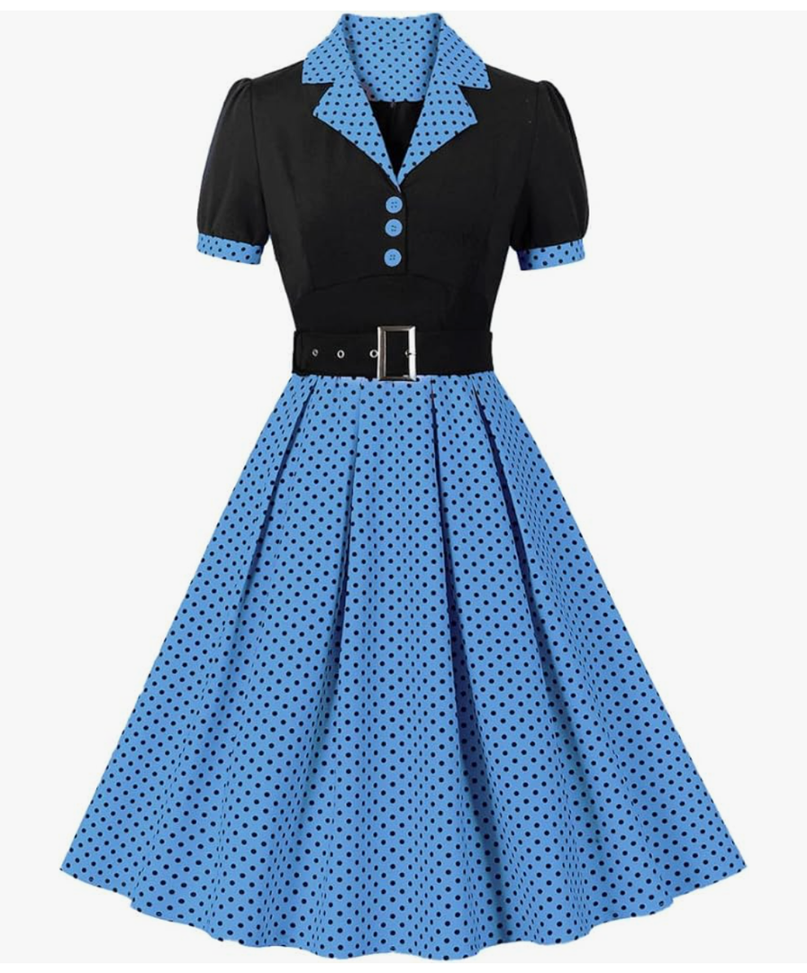 ODIZLI Women's 1950s Retro Dress Short Sleeve Notched Lapel Polka Dot Stripe Swing Dress with Belt Cocktail Dress L