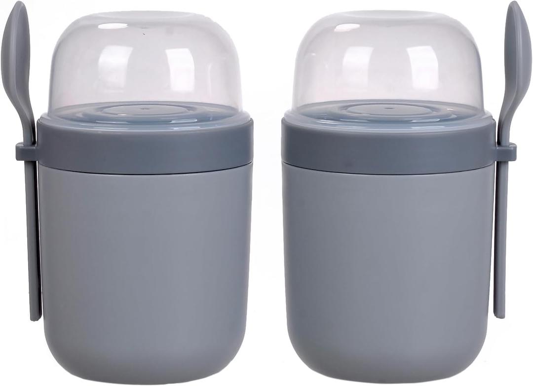 Yogurt Container Parfait Cups with Lids and Spoons, Cereal Cup On the Go, Plastic Airtight Snack Crunch Storage Container (2-Pack, Gray)