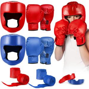 Kanayu 12 Pcs Kids Boxing Equipment Set for Beginners Ages 6-18 Years Including Boxing Helmet and Gloves Hand Wraps Sport Mouthguards Taekwondo Sparring Gear for Kids and Children (Blue, Red)