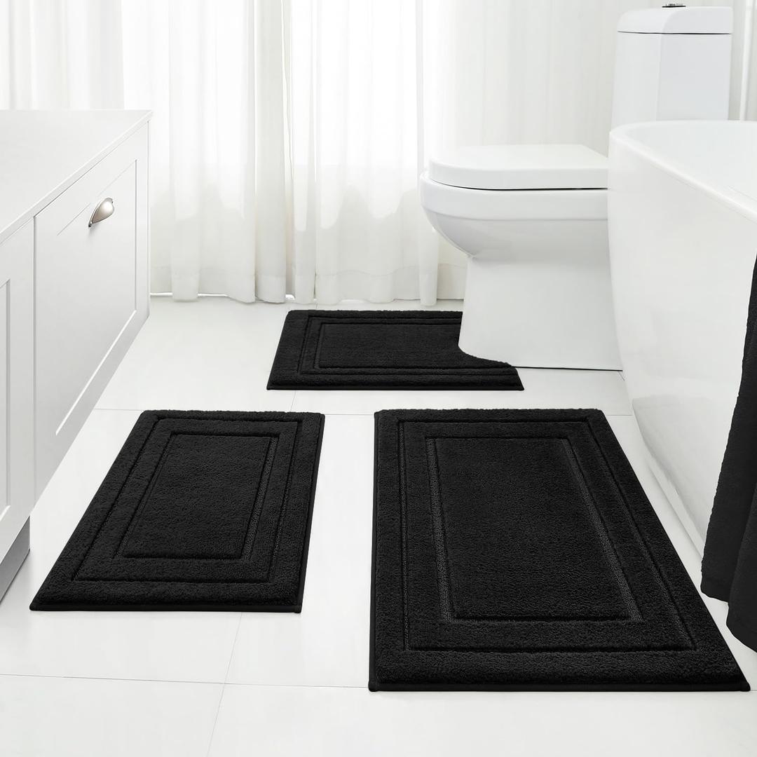 HOMEIDEAS Bathroom Rugs Sets 3 Piece, Super Soft and Absorbent Non Slip Microfiber Toilet Bath Mat with U-Shaped (Black) (1'4" x 2'8" (16"x24"+20"x32"+U Shape 20"x24"))