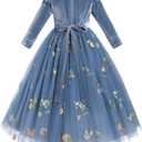IBTOM CASTLE Flower Girl Dress Long Sleeve Velvet Floral Embroidery Tulle Tutu Dresses Fall Winter Wedding Formal Ball Gown (Blue)