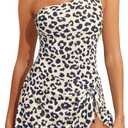 Tempt Me Women One Piece Swim Dress One Shoulder Swimsuit with Skirt Tummy Control Swimdress Bathing Suit (X-Large, Leopard)