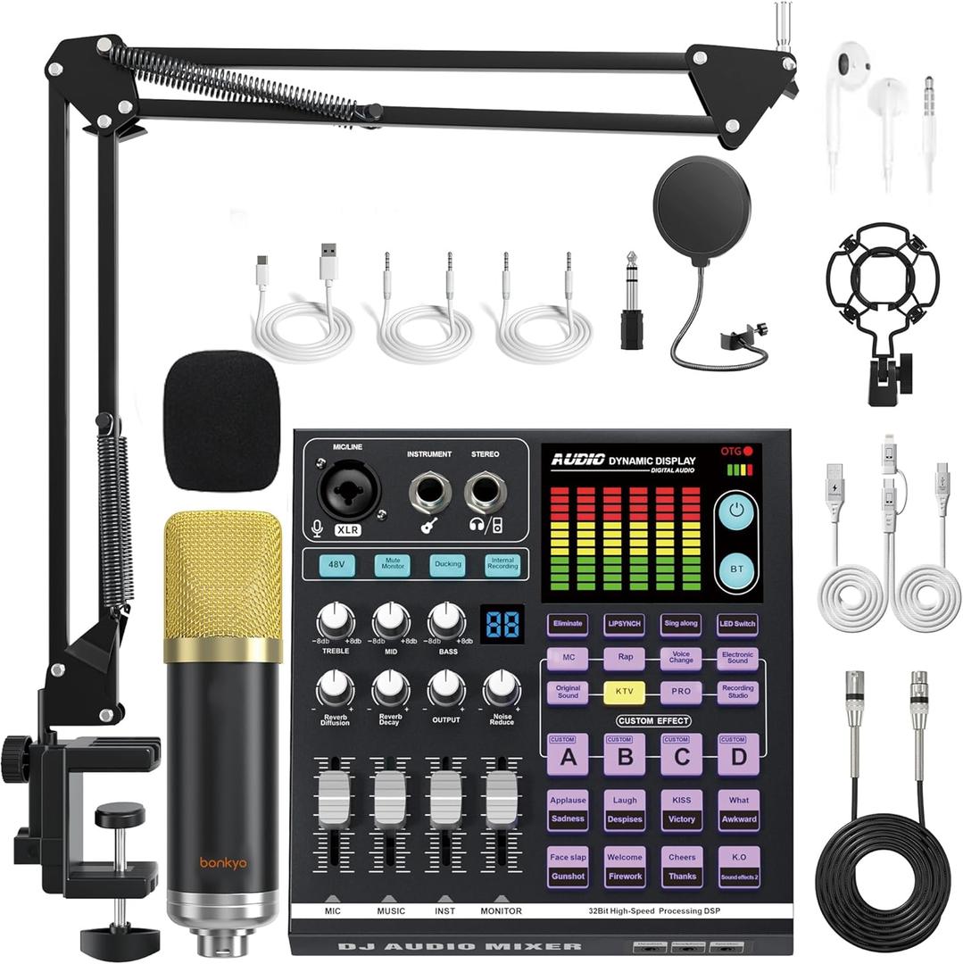 Podcast Equipment Bundle: SN800 Audio Mixer with XLR Mic, Auto Ducking, 16-Level DeNoise, 4000mAh Battery, for Streaming, Singing, Recording, Compatible with Phone/PC/Bluetooth/Instruments (black)