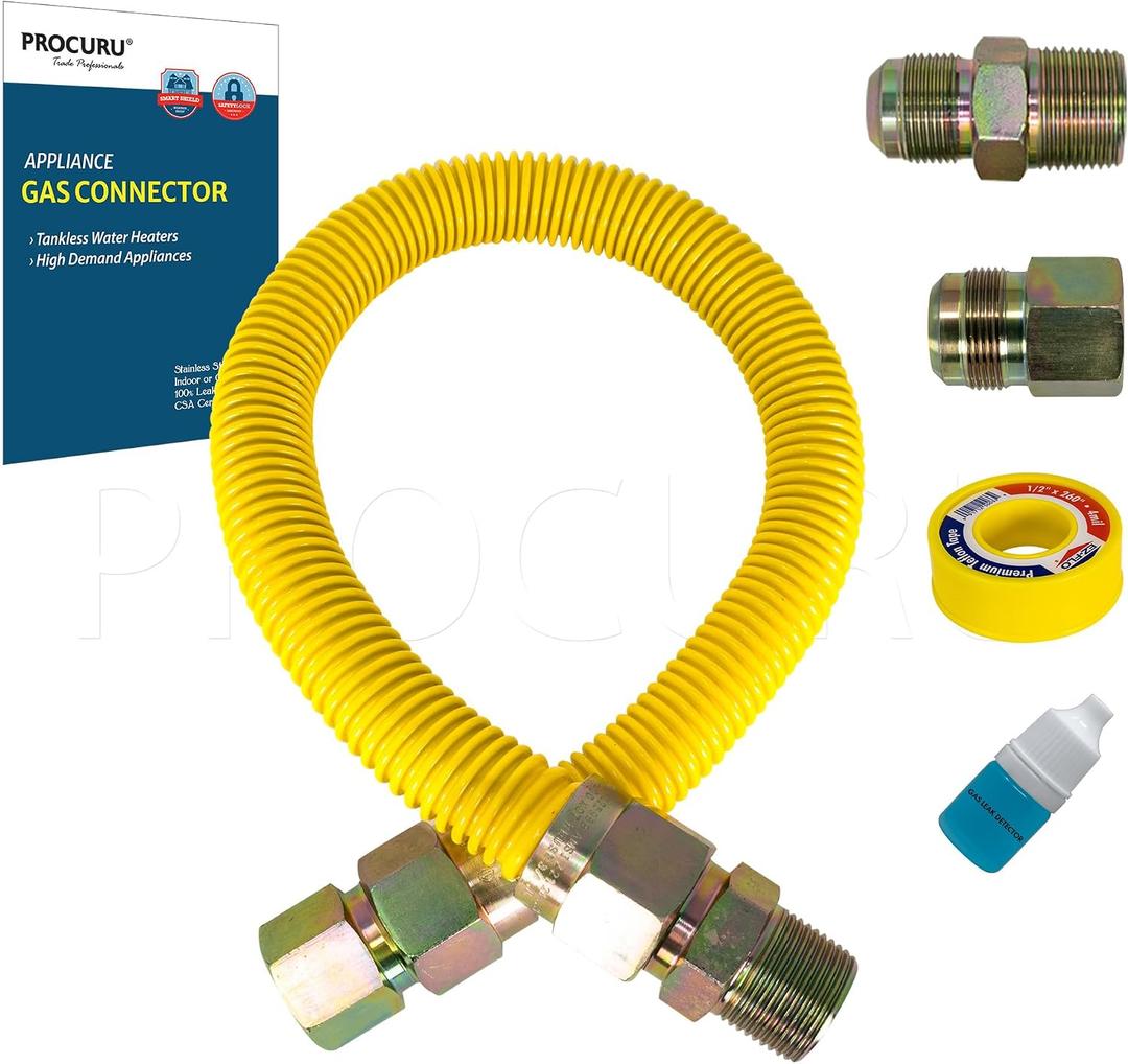 PROCURU 1" OD x 12" (1Ft) x 3/4"MIP x 3/4"FIP Universal Flexible Gas Connector, With/Without Service Valves, WP MaxFlow High Capacity Stainless Steel Tubing for Tankless Water Heater (Blue-A1 Series)