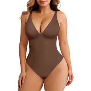 FeelinGirl Shapewear Bodysuits for Women Tummy Control Body Suits Deep V Neck Thong Body Shaper (Brown, XS)