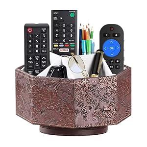 Arniche PU Leather Remote Control Holder, 360 Degree Spinning TV Remote Caddy, 9 Grids Desk Organizers and Accessories for Storage Controller, Calculator, Mail, Media, Pen, Phone etc (Antique)