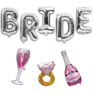 Wedding Balloon Set - 40 Inch Silvery Bride Balloons, Pink Champagne, Rose Gold Ring, Pink Wine Glass - Party Decorations