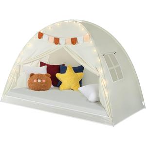 Twin Bed Tent for Kids - Twin Bed Canopy for Girls, Portable Privacy Tent for Toddler Travel Bed Sleeping Tents Indoor Cottage Drafty Room Floor Bed Tents with Stars Lights & Flags, Beige
