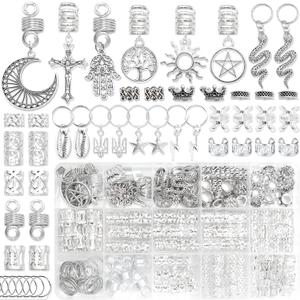 NAISKA Vikings Hair Jewelry for Braids, 186Pcs Norse Runes Tube Beads Cross Snake Loc Dreadlock Accessories, Non-Piercing Ear Cuffs Locs Jewelry for Women and Men