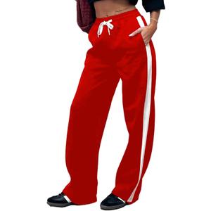SOFIA'S CHOICE Women's Drawstring Sweatpants Side Stripe Pants Wide Leg Track Pants with Pockets Red-A XX-Large