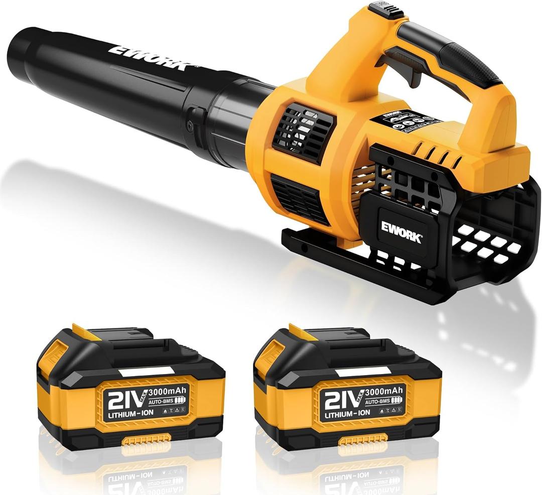 EWORK Cordless Leaf Blower 21V Electric Leaf Blower with (2) 3.0Ah Batteries and Fast Charger, Variable Speed, Turbo Mode, Battery Powered Handheld Leaf Blowers for Lawn Care and Clearance Yard Leaves (Yellow)