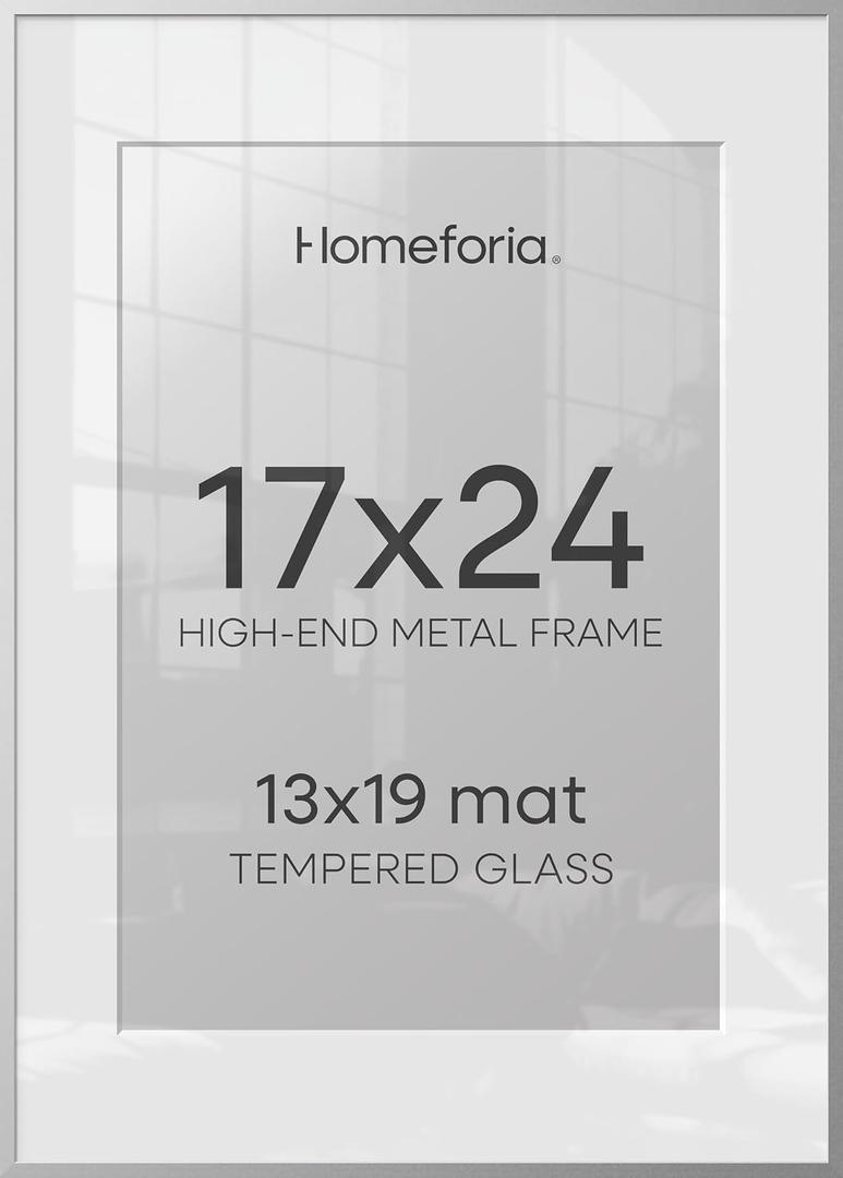 17x24 Silver Picture Frame, High-End Metal, 13x19 Mat, Glass | High End Aluminum, Tempered Glass, Acid-Free 13x19 Removable Mat, 17x24 in Edge-to-Edge Display 24x17, Wall Kit, Set Of 1