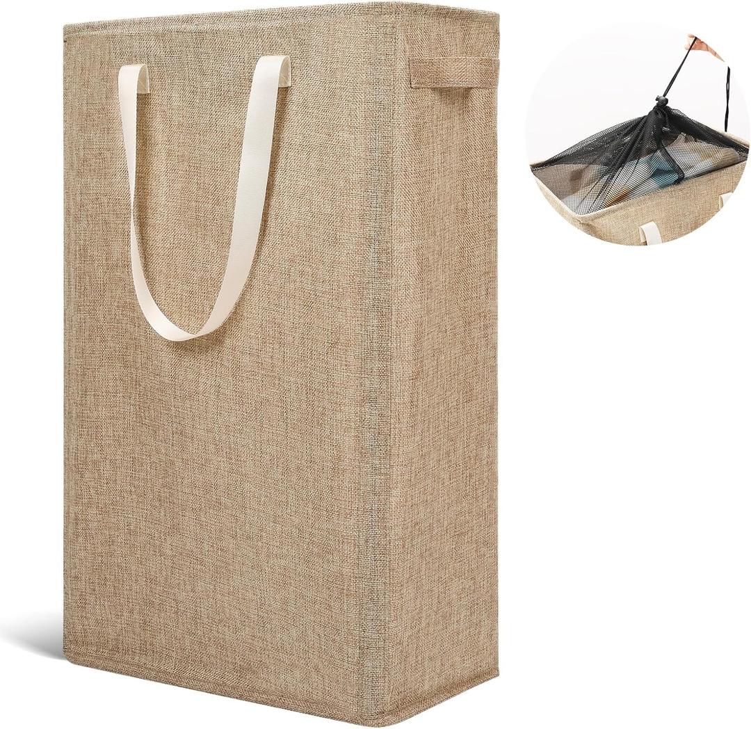 Odonata Slim Laundry Hamper Handles Collapsible Laundry Basket Thin Dirty Clothes Basket Narrow Laundry Bag Foldable Dirty Hamper 45L (Light Khaki)